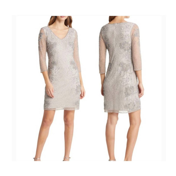 PISARRO NIGHTS Beaded V-neck Cocktail Dress In Silver Size 12 NWOT